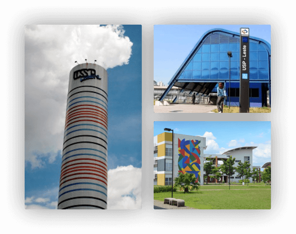 Três fotos do campus da USP Leste. Exibe a estação de trem dentro do campus e dois prédios centrais